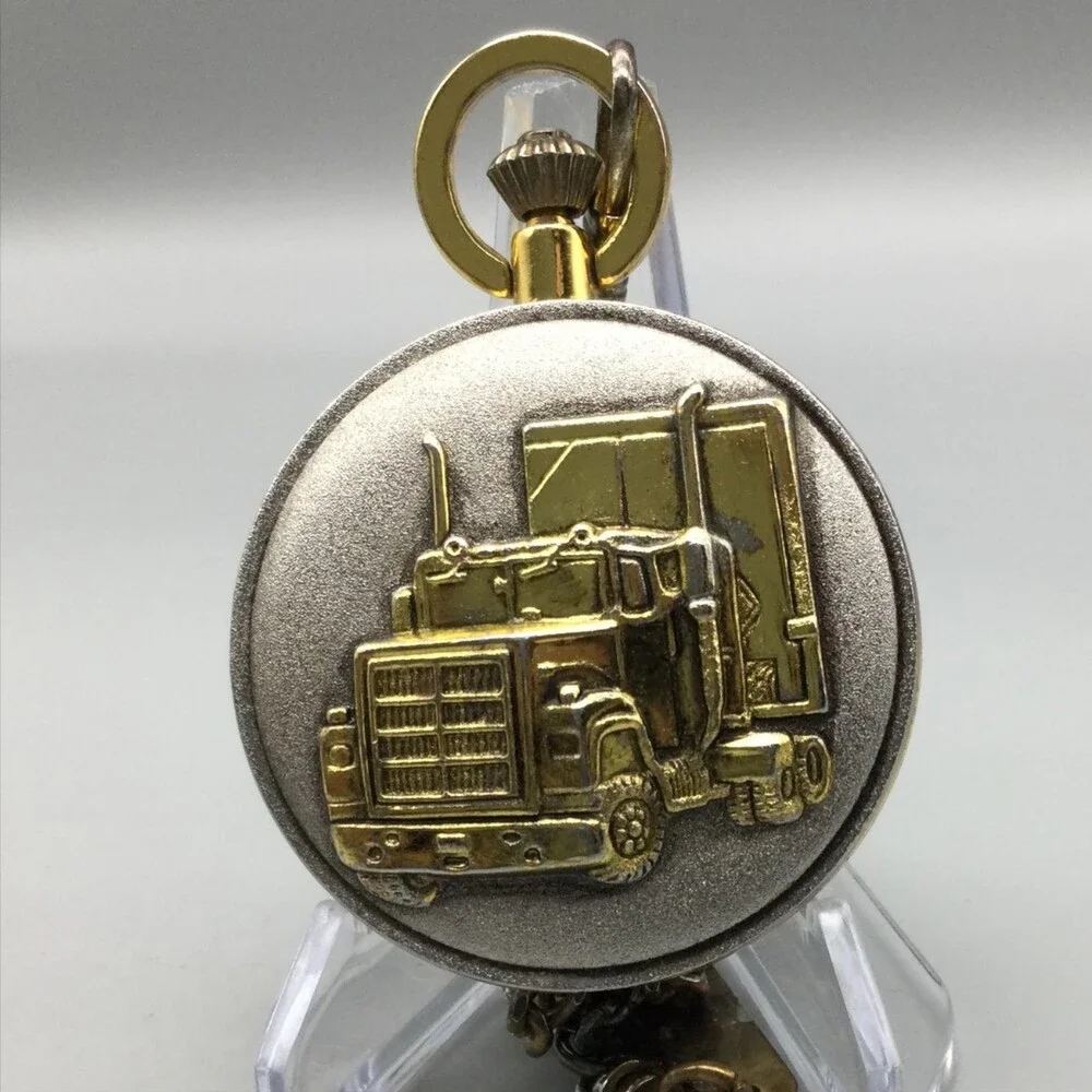 Milan Pocket Watch Men 48mm Silver Gold Tone Truck Full Hunter Chain New Battery